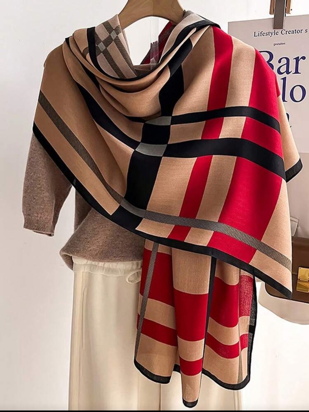 Khaki Check Plaid Women's Scarf with Red Accent